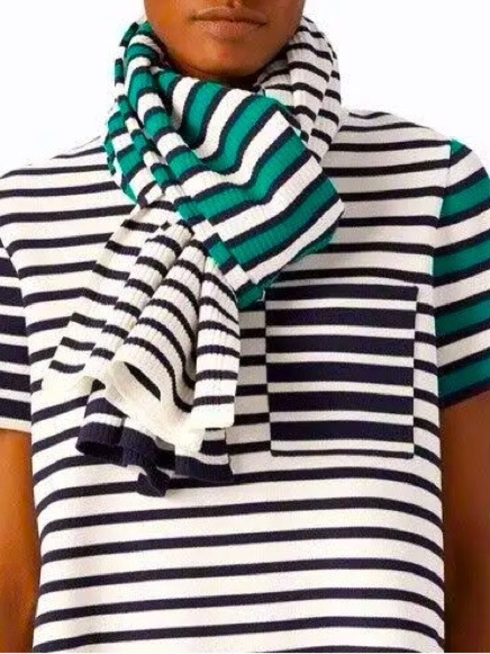Tory Burch Striped Knit Scarf in White, Black & Teal
